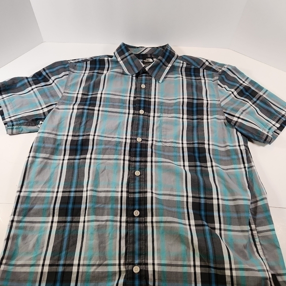 THE North Face Mens Shirt Size M Plaid Gray Blue Short Sleeve - Picture 2 of 8